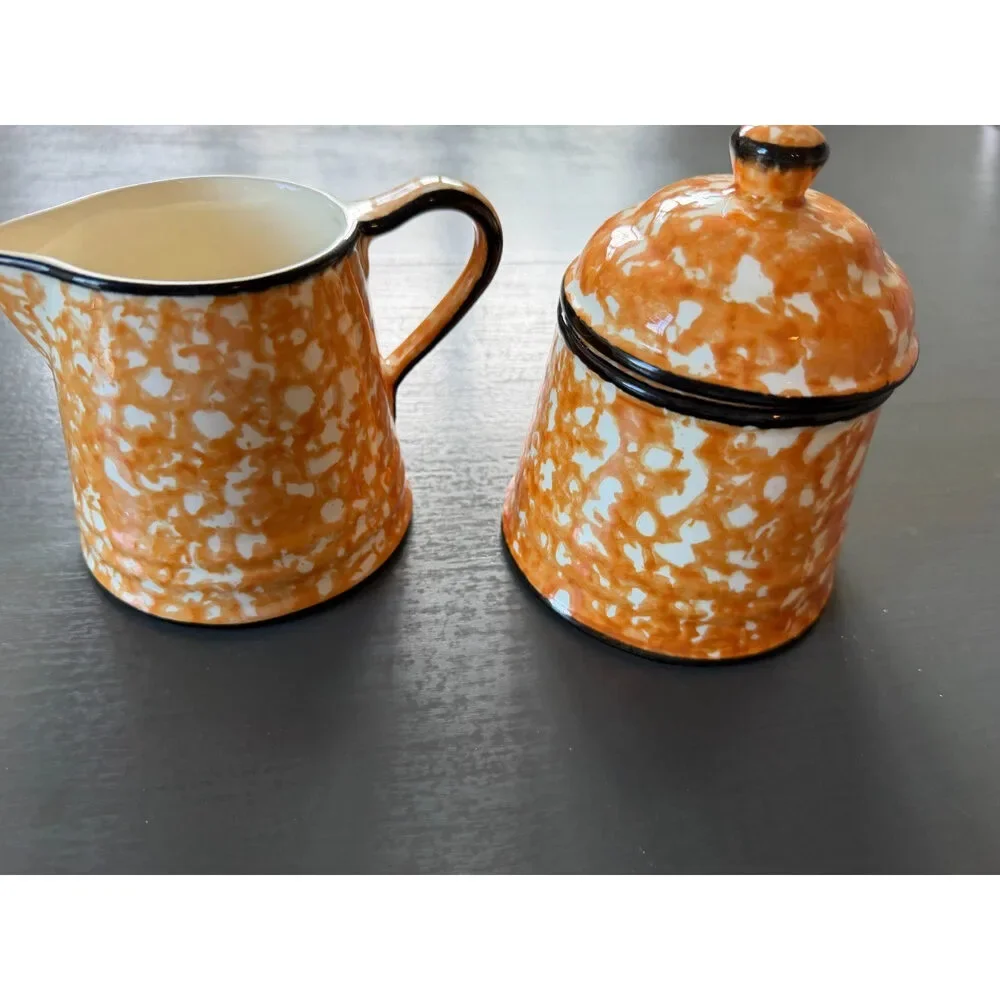 Stangl Town & Country Orange Spongeware Covered Sugar Bowl & Creamer Set